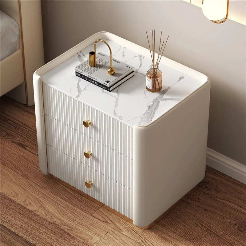Modern Minimalist Rectangular Round Corner Pine Wood Rock Slab Microfiber Leather Stainless Steel Nightstand 3-Drawer For Bedroom