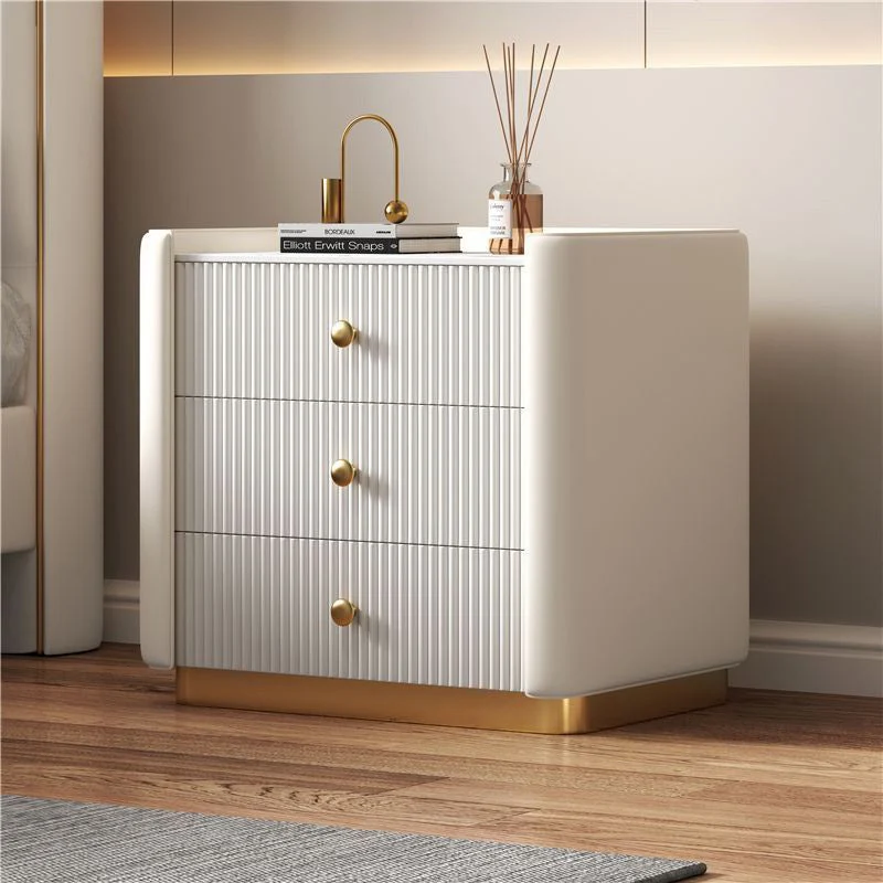 Modern Minimalist Rectangular Round Corner Pine Wood Rock Slab Microfiber Leather Stainless Steel Nightstand 3-Drawer For Bedroom
