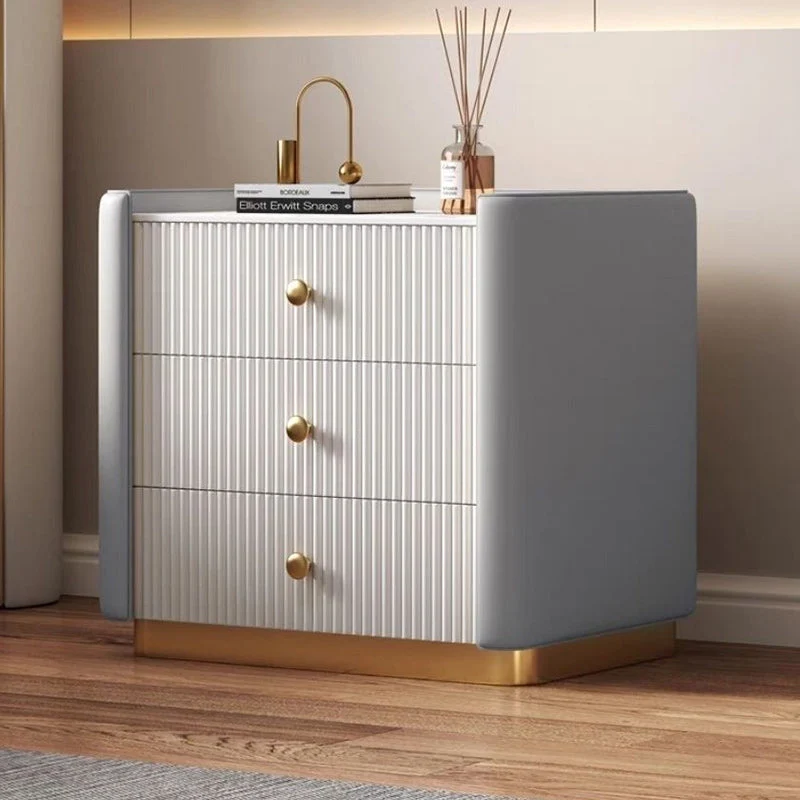 Modern Minimalist Rectangular Round Corner Pine Wood Rock Slab Microfiber Leather Stainless Steel Nightstand 3-Drawer For Bedroom