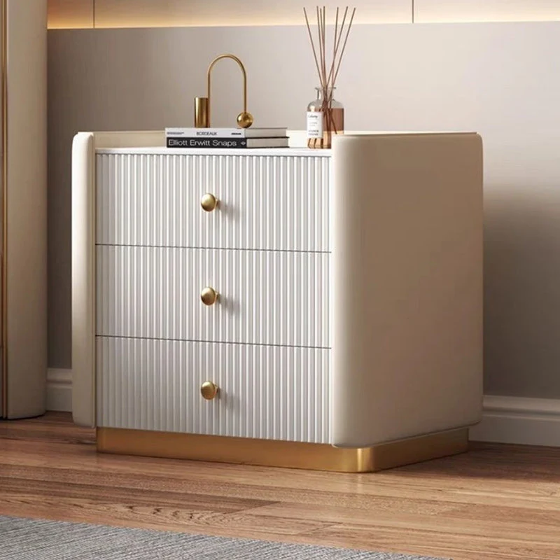 Modern Minimalist Rectangular Round Corner Pine Wood Rock Slab Microfiber Leather Stainless Steel Nightstand 3-Drawer For Bedroom