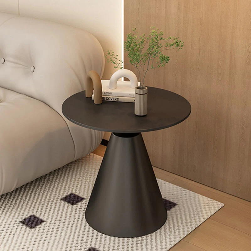 Modern Minimalist Round Cone Rock Slab Carbon Steel Iron End Table 1-Tier For Living Room