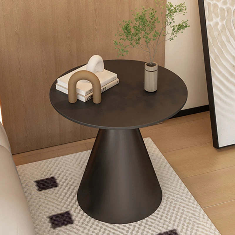 Modern Minimalist Round Cone Rock Slab Carbon Steel Iron End Table 1-Tier For Living Room