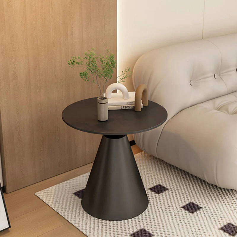 Modern Minimalist Round Cone Rock Slab Carbon Steel Iron End Table 1-Tier For Living Room
