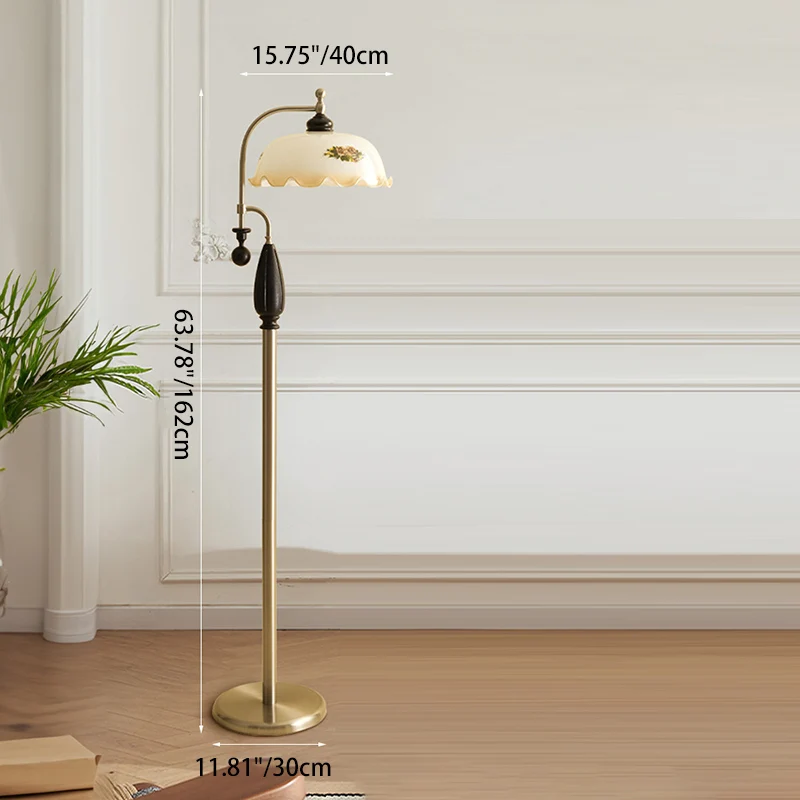 Traditional Chinese Floor Lamp – 1-Light Dome Glass Shade with Ash Wood & Metal Frame for Living Room
