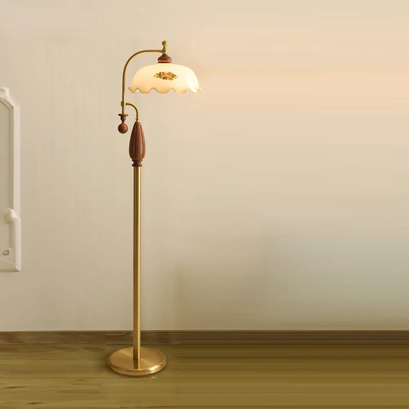 Traditional Chinese Floor Lamp – 1-Light Dome Glass Shade with Ash Wood & Metal Frame for Living Room