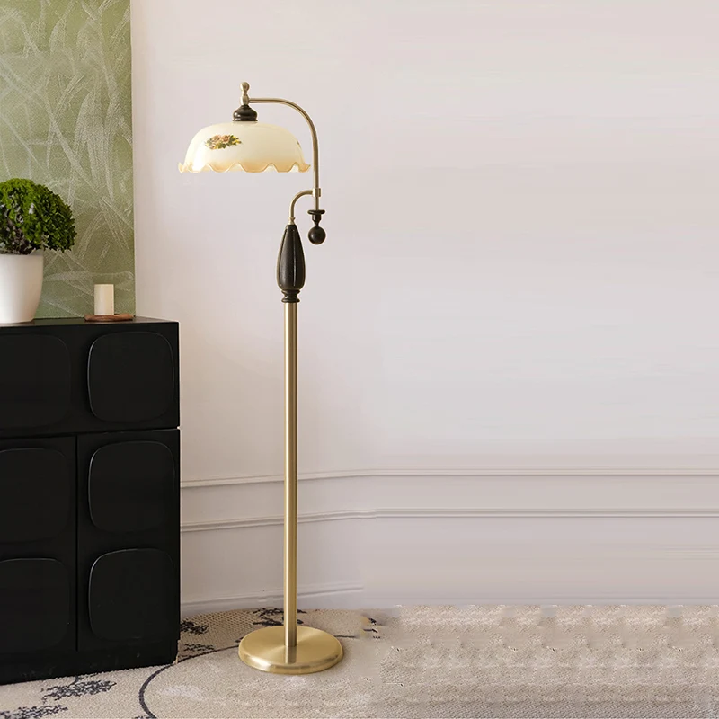 Traditional Chinese Floor Lamp – 1-Light Dome Glass Shade with Ash Wood & Metal Frame for Living Room