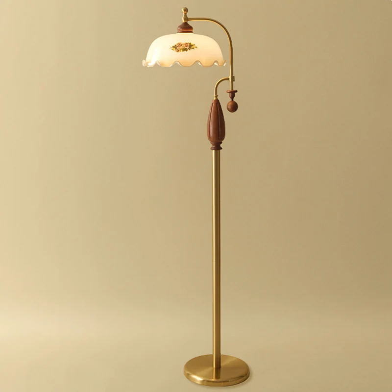 Traditional Chinese Floor Lamp – 1-Light Dome Glass Shade with Ash Wood & Metal Frame for Living Room