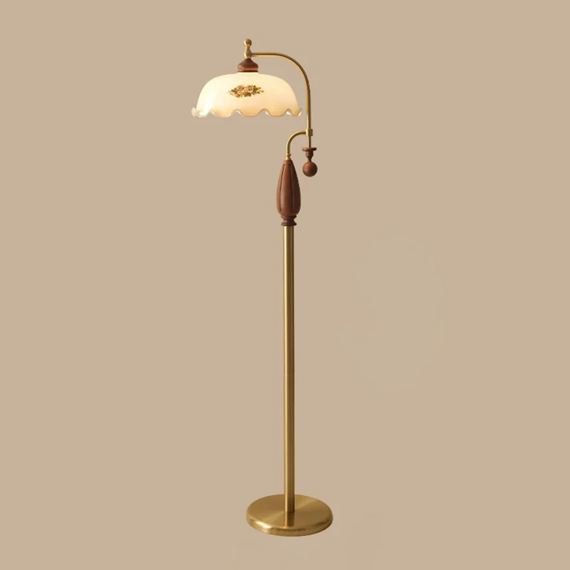 Traditional Chinese Floor Lamp – 1-Light Dome Glass Shade with Ash Wood & Metal Frame for Living Room