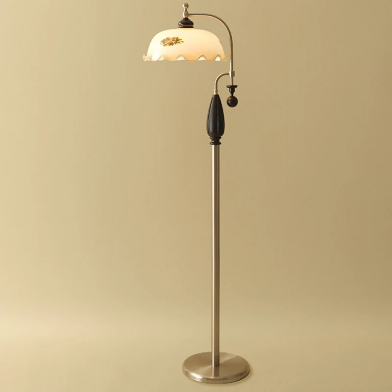 Traditional Chinese Floor Lamp – 1-Light Dome Glass Shade with Ash Wood & Metal Frame for Living Room