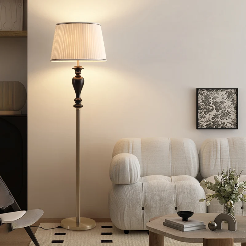 Traditional French Floor Lamp – 1-Light Standing Lamp with Tapered Fabric Shade, Ash Wood & Metal for Living Room