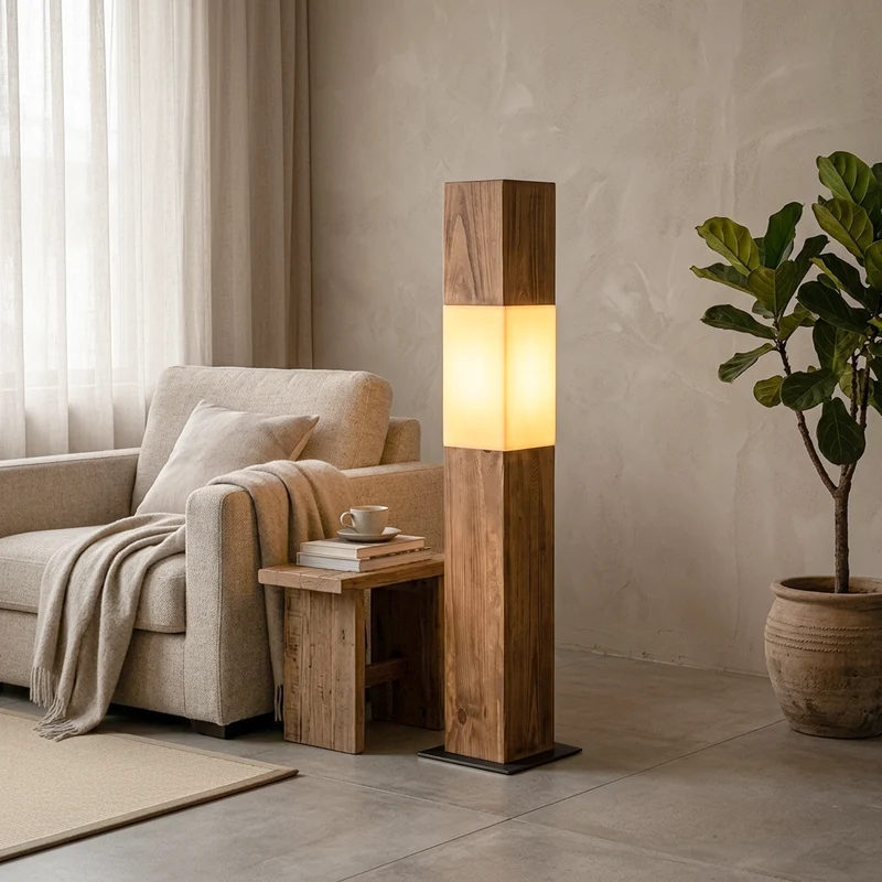 Traditional Vintage Solid Wood Iron LED Floor Lamp Fabric Distressed Rectangular Pillar Design for Living Room