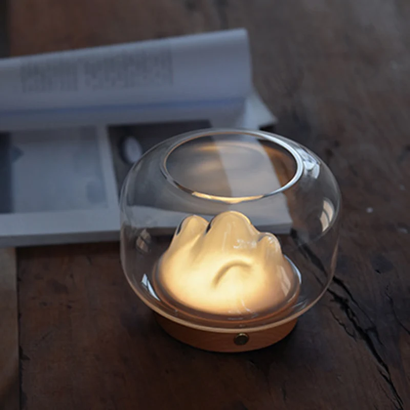Contemporary Creative Rechargeable Glass Beech Wood Mountain Fishbowl LED Table Lamp Night Light For Bedside