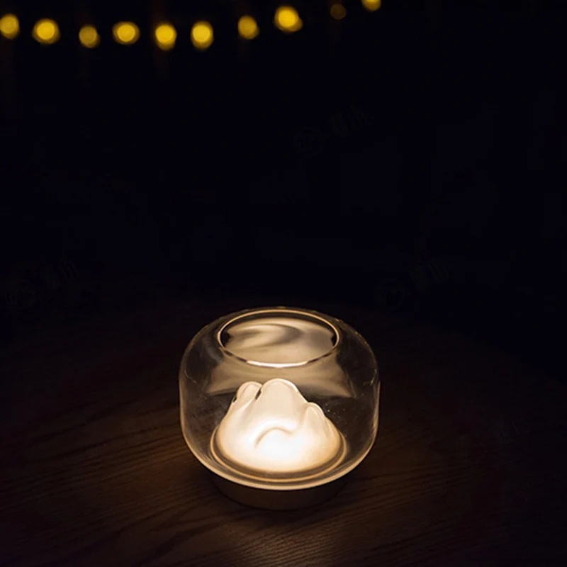 Contemporary Creative Rechargeable Glass Beech Wood Mountain Fishbowl LED Table Lamp Night Light For Bedside