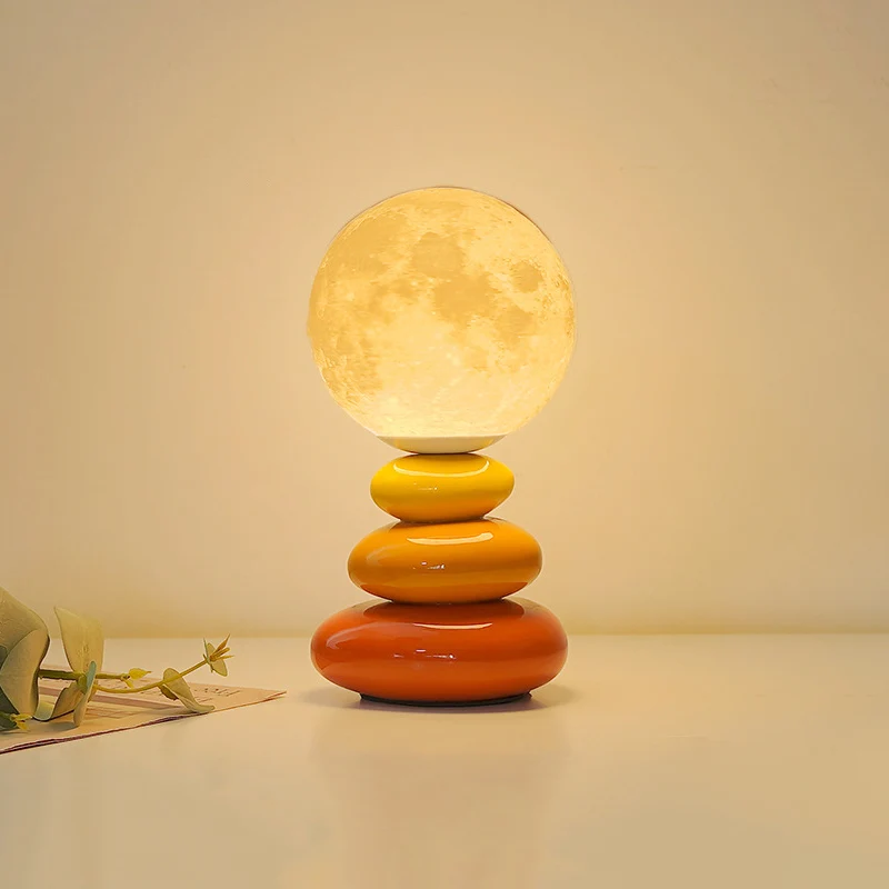 Contemporary Scandinavian USB Ceramic PLA Ball Moon Planet Stacked Stone LED Table Lamp Night Light For Bedroom