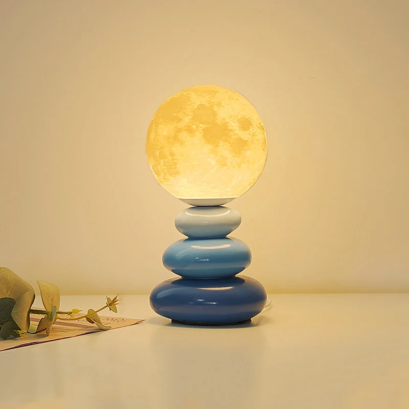Contemporary Scandinavian USB Ceramic PLA Ball Moon Planet Stacked Stone LED Table Lamp Night Light For Bedroom