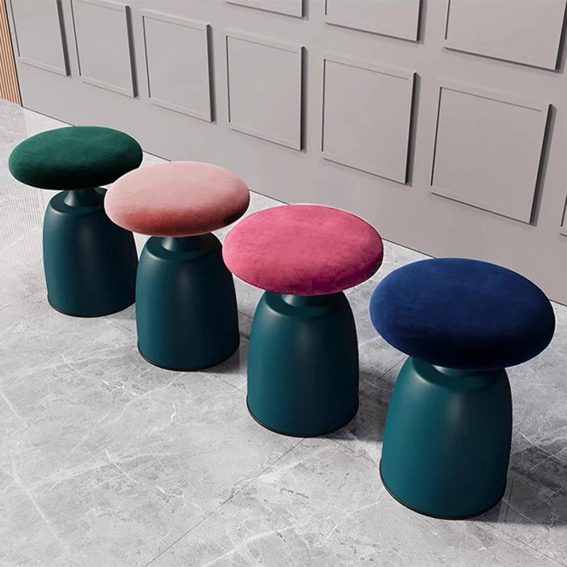 Modern Minimalist Round Cylinder Velvet Metal Vanity Stool For Bedroom