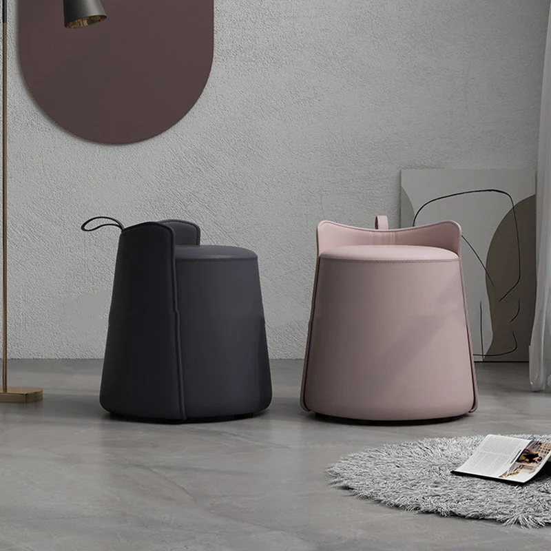 Contemporary Nordic Round Cylinder Microfiber Leather Solid Wood & Plywood Vanity Stool Low Backrest For Bedroom