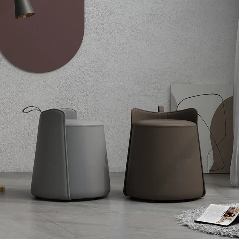 Contemporary Nordic Round Cylinder Microfiber Leather Solid Wood & Plywood Vanity Stool Low Backrest For Bedroom