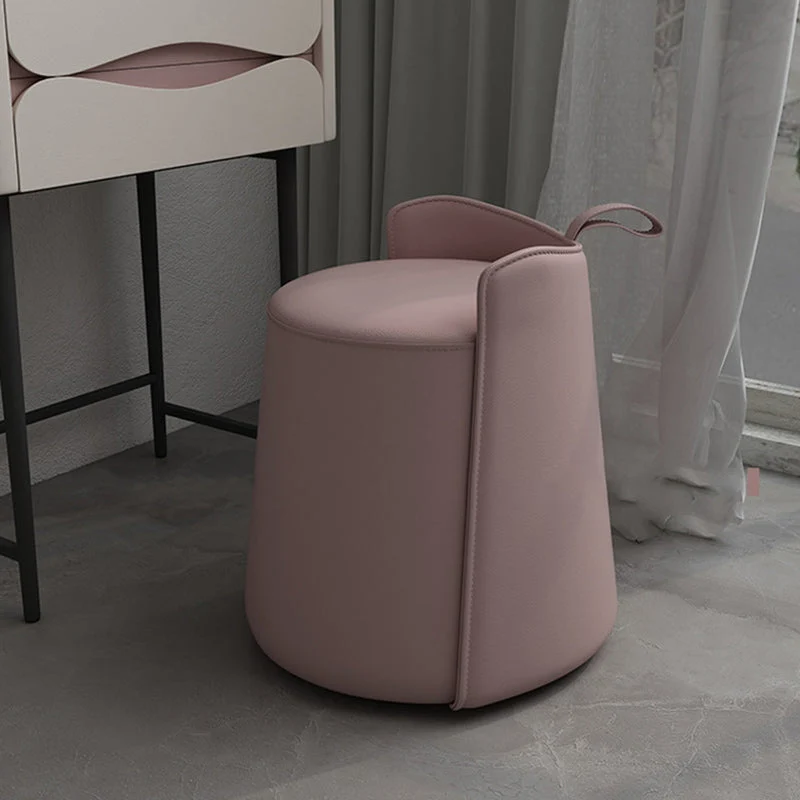 Contemporary Nordic Round Cylinder Microfiber Leather Solid Wood & Plywood Vanity Stool Low Backrest For Bedroom