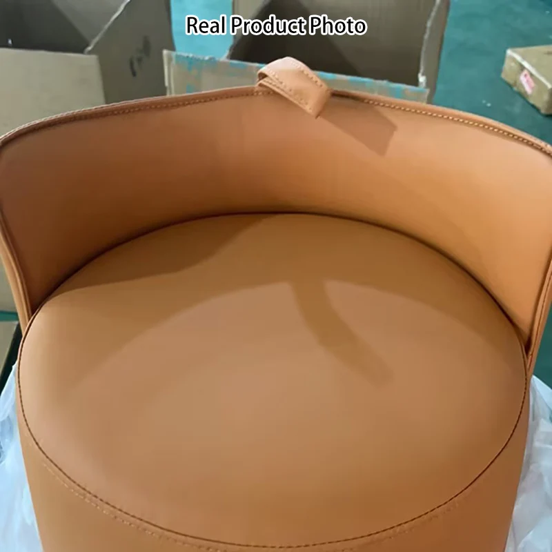 Contemporary Nordic Round Cylinder Microfiber Leather Solid Wood & Plywood Vanity Stool Low Backrest For Bedroom