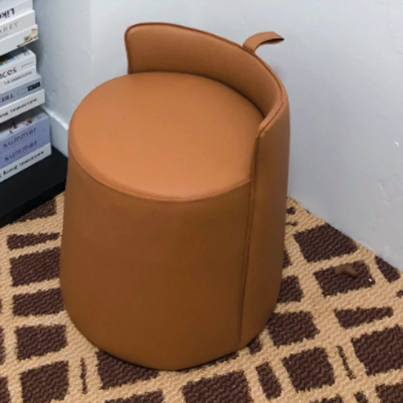 Contemporary Nordic Round Cylinder Microfiber Leather Solid Wood & Plywood Vanity Stool Low Backrest For Bedroom
