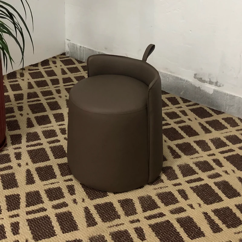 Contemporary Nordic Round Cylinder Microfiber Leather Solid Wood & Plywood Vanity Stool Low Backrest For Bedroom