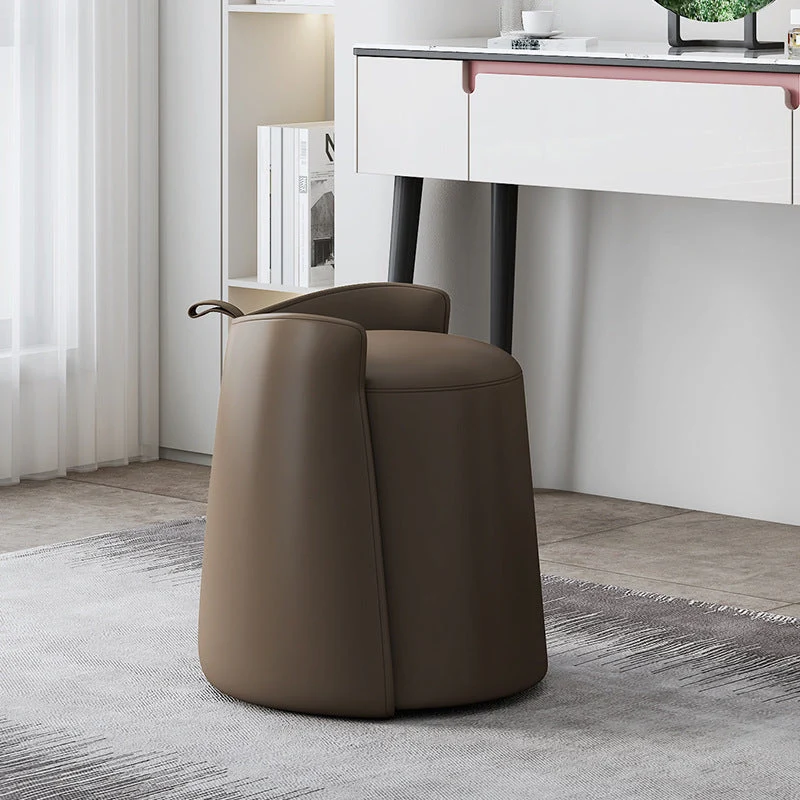 Contemporary Nordic Round Cylinder Microfiber Leather Solid Wood & Plywood Vanity Stool Low Backrest For Bedroom