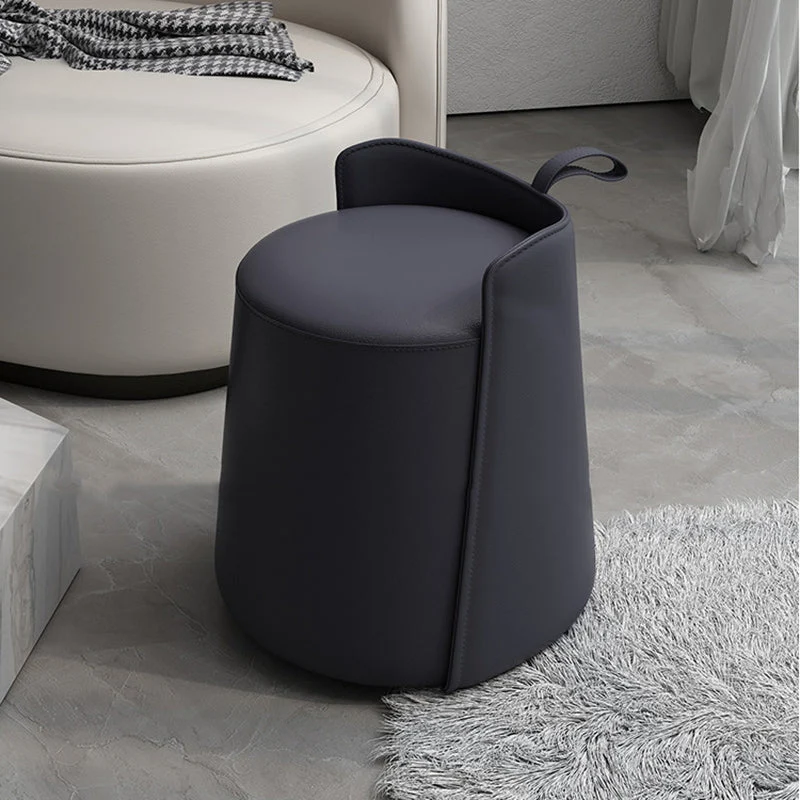 Contemporary Nordic Round Cylinder Microfiber Leather Solid Wood & Plywood Vanity Stool Low Backrest For Bedroom