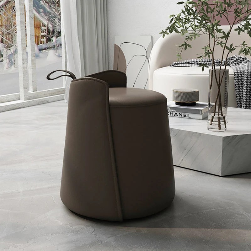Contemporary Nordic Round Cylinder Microfiber Leather Solid Wood & Plywood Vanity Stool Low Backrest For Bedroom