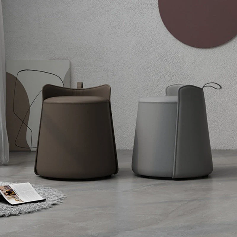 Contemporary Nordic Round Cylinder Microfiber Leather Solid Wood & Plywood Vanity Stool Low Backrest For Bedroom