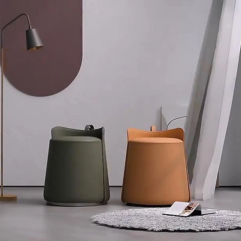 Contemporary Nordic Round Cylinder Microfiber Leather Solid Wood & Plywood Vanity Stool Low Backrest For Bedroom