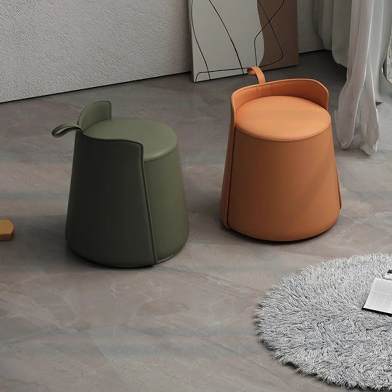 Contemporary Nordic Round Cylinder Microfiber Leather Solid Wood & Plywood Vanity Stool Low Backrest For Bedroom