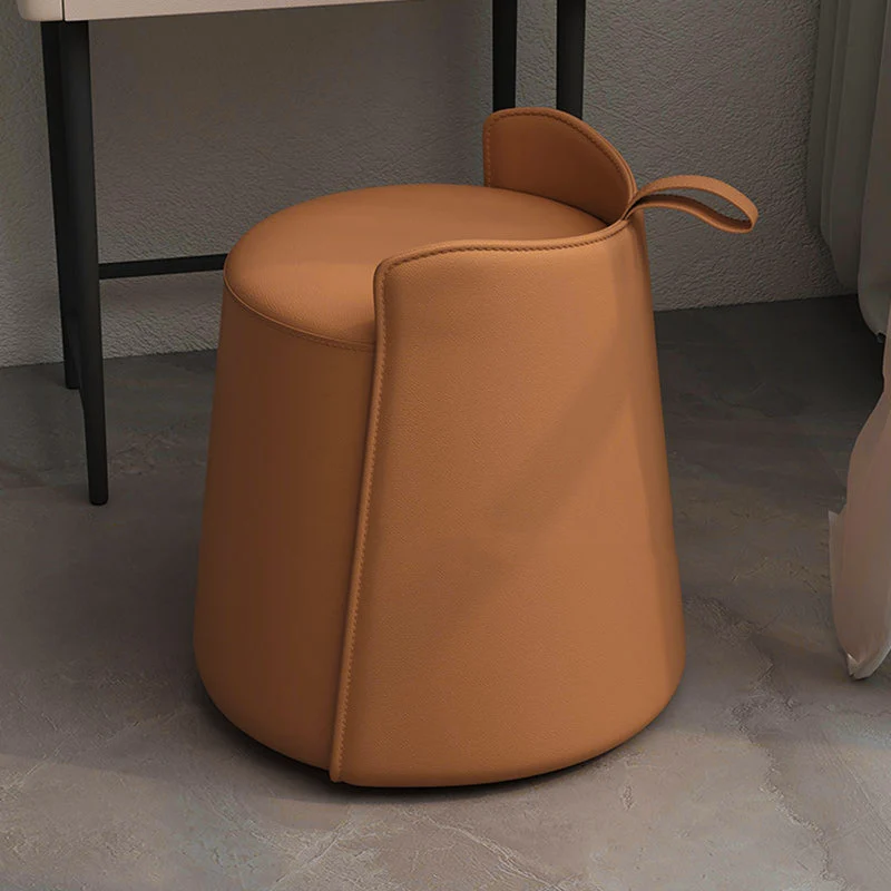 Contemporary Nordic Round Cylinder Microfiber Leather Solid Wood & Plywood Vanity Stool Low Backrest For Bedroom