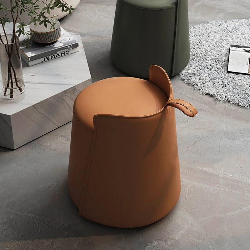 Contemporary Nordic Round Cylinder Microfiber Leather Solid Wood & Plywood Vanity Stool Low Backrest For Bedroom