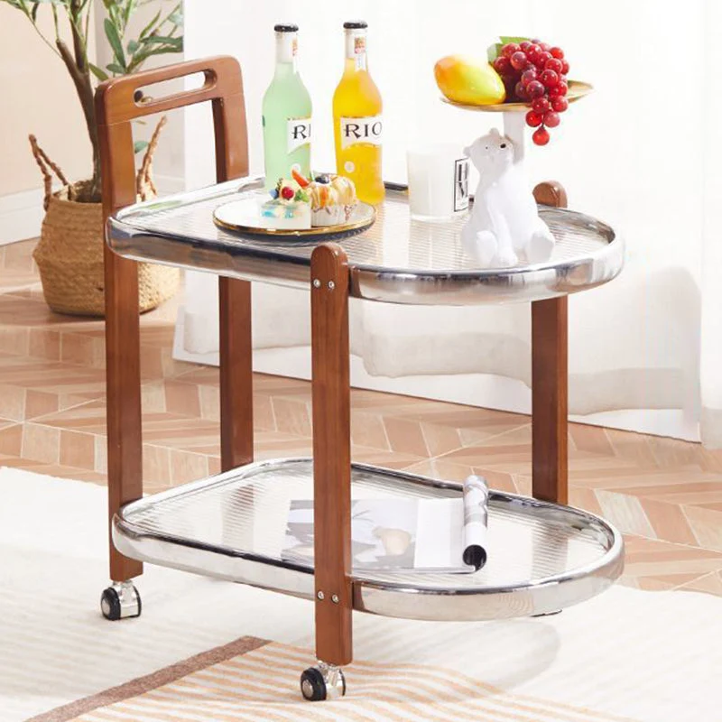Traditional Japanese Removable Oval Rubberwood Iron Glass End Table 2-Tier For Living Room