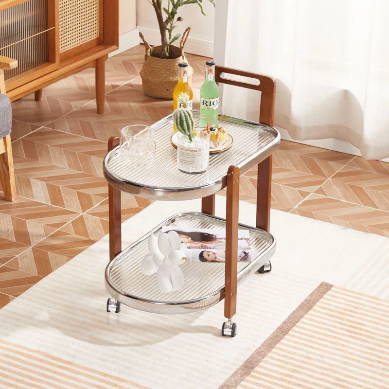 Traditional Japanese Removable Oval Rubberwood Iron Glass End Table 2-Tier For Living Room