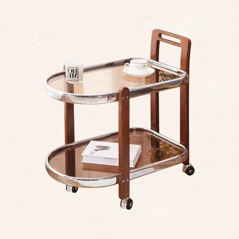 Traditional Japanese Removable Oval Rubberwood Iron Glass End Table 2-Tier For Living Room