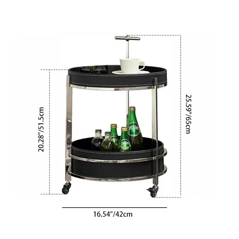 Modern Minimalist Round Saddle-Style Faux Leather Stainless Steel End Table 2-Tier For Living Room