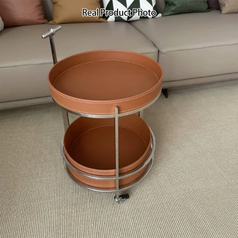 Modern Minimalist Round Saddle-Style Faux Leather Stainless Steel End Table 2-Tier For Living Room