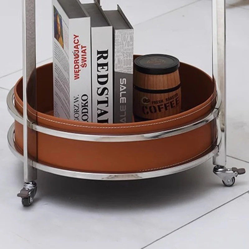 Modern Minimalist Round Saddle-Style Faux Leather Stainless Steel End Table 2-Tier For Living Room