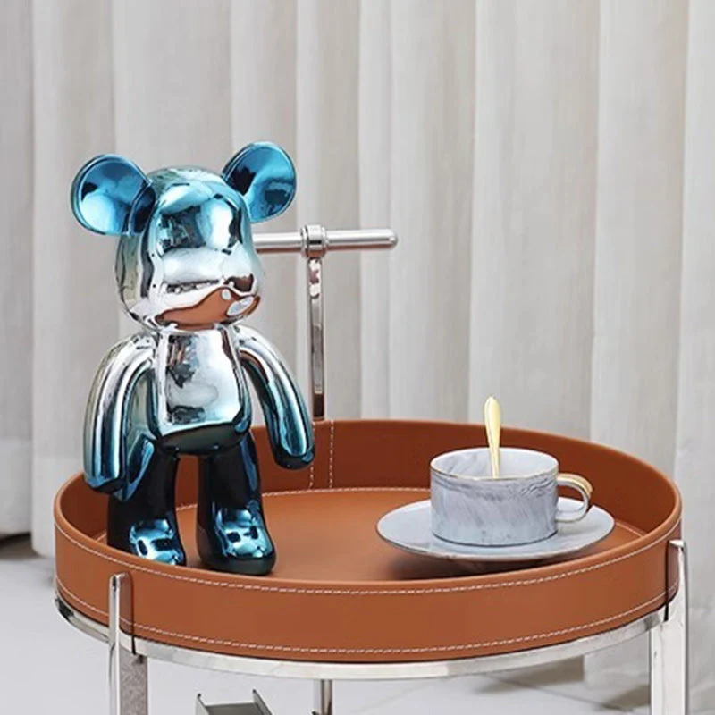 Modern Minimalist Round Saddle-Style Faux Leather Stainless Steel End Table 2-Tier For Living Room