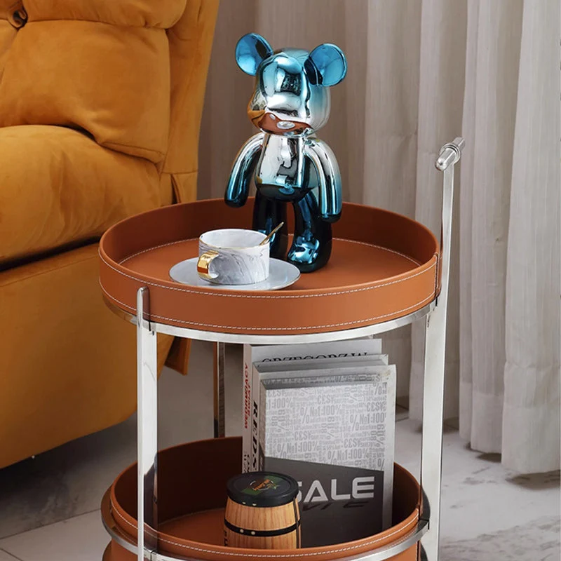 Modern Minimalist Round Saddle-Style Faux Leather Stainless Steel End Table 2-Tier For Living Room