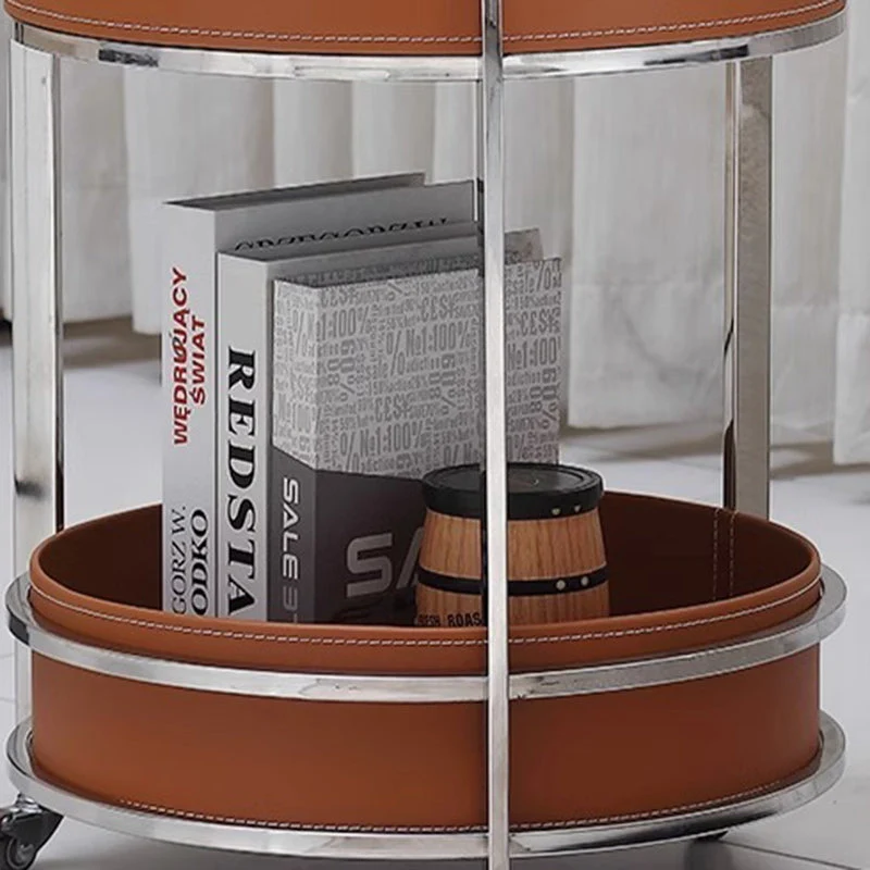 Modern Minimalist Round Saddle-Style Faux Leather Stainless Steel End Table 2-Tier For Living Room