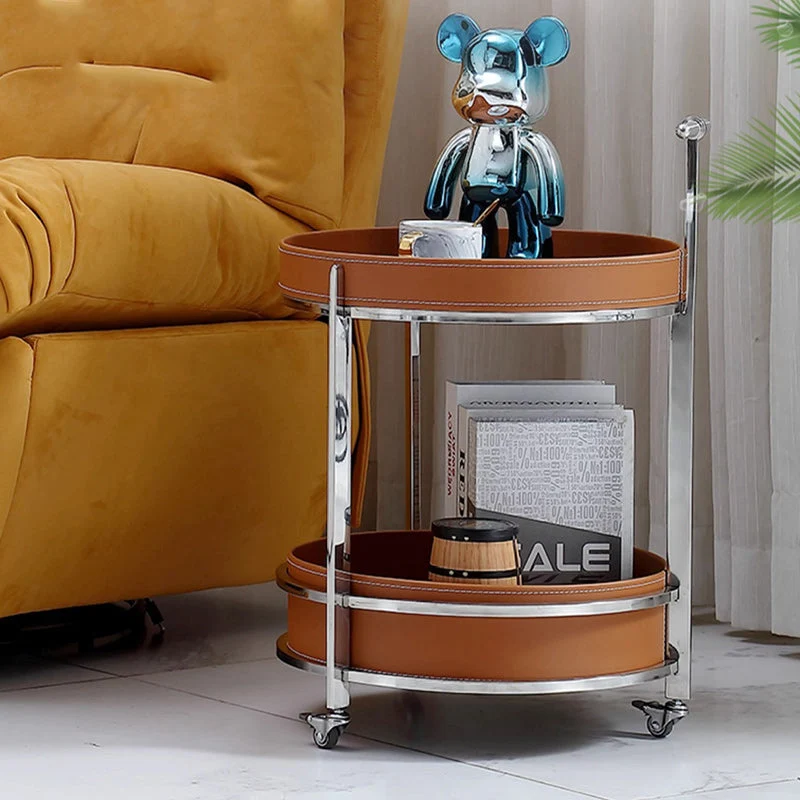 Modern Minimalist Round Saddle-Style Faux Leather Stainless Steel End Table 2-Tier For Living Room