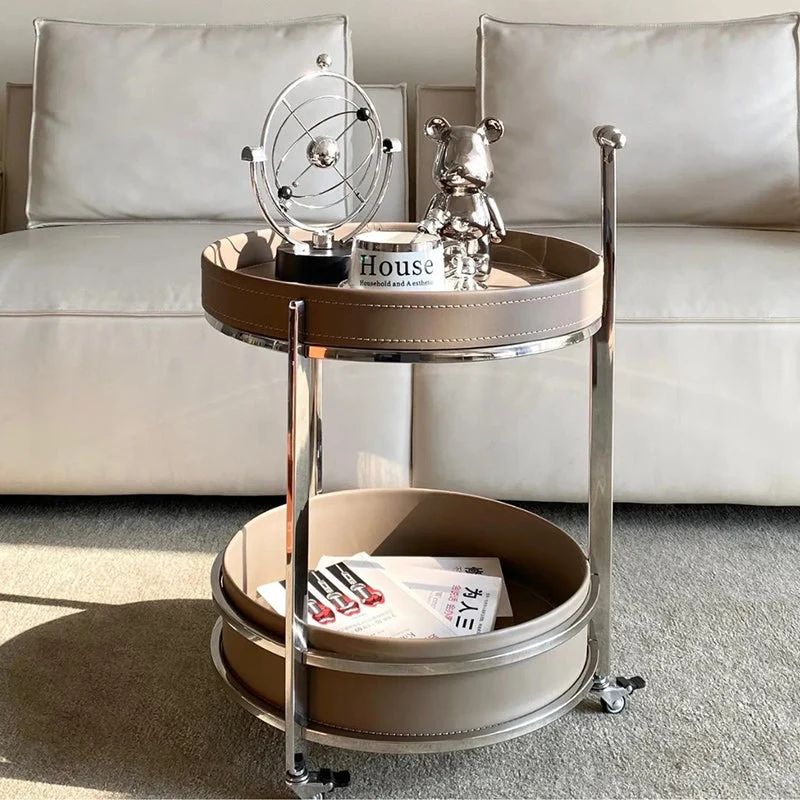 Modern Minimalist Round Saddle-Style Faux Leather Stainless Steel End Table 2-Tier For Living Room