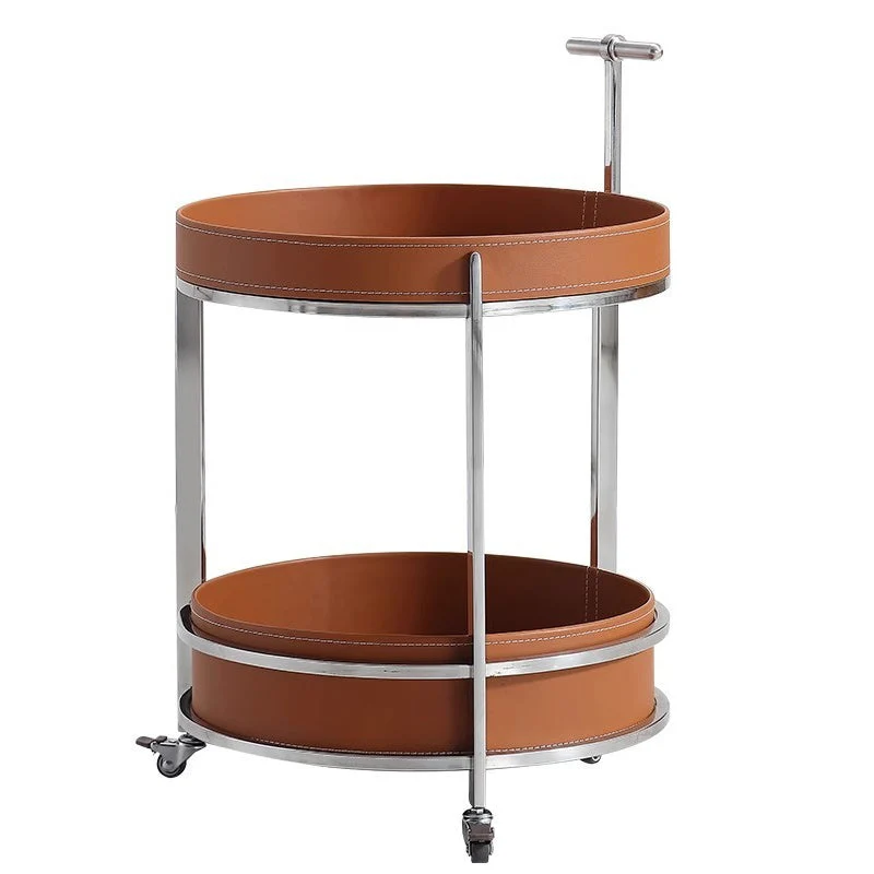Modern Minimalist Round Saddle-Style Faux Leather Stainless Steel End Table 2-Tier For Living Room