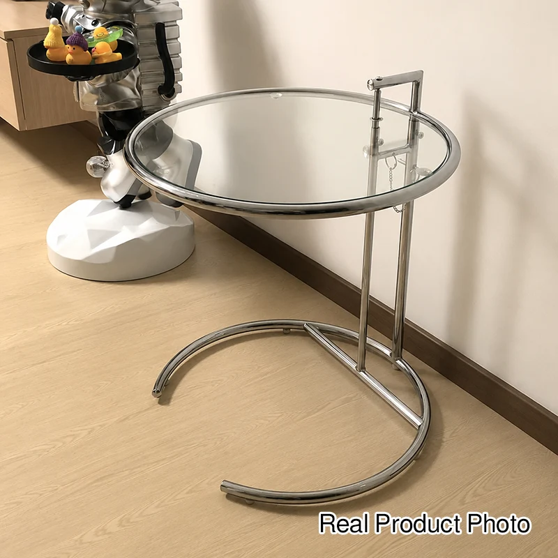 Modern Minimalist Round Tabletop Stainless Steel Tempered Glass Side Table Extendable For Living Room