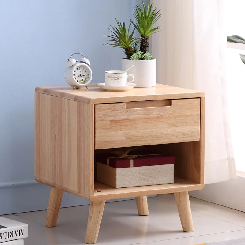 Contemporary Scandinavian Square Tabletop Rubberwood Nightstand 1-Drawer For Bedroom
