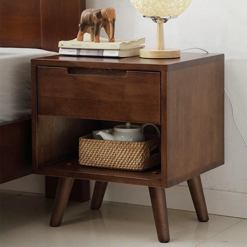 Contemporary Scandinavian Square Tabletop Rubberwood Nightstand 1-Drawer For Bedroom