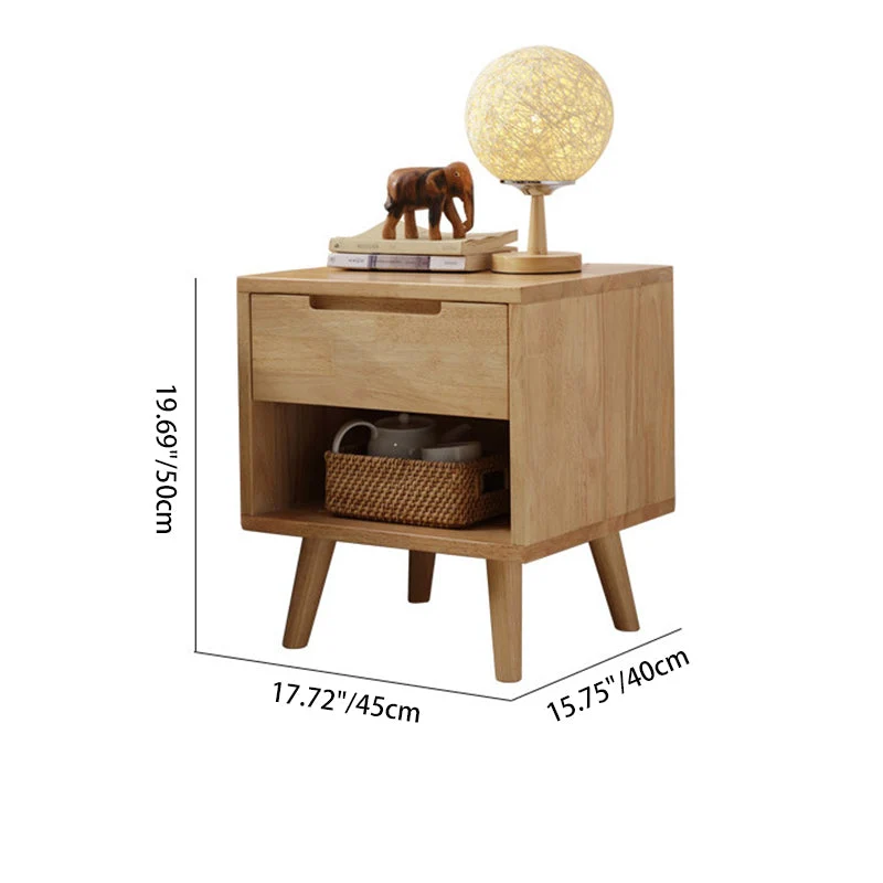 Contemporary Scandinavian Square Tabletop Rubberwood Nightstand 1-Drawer For Bedroom